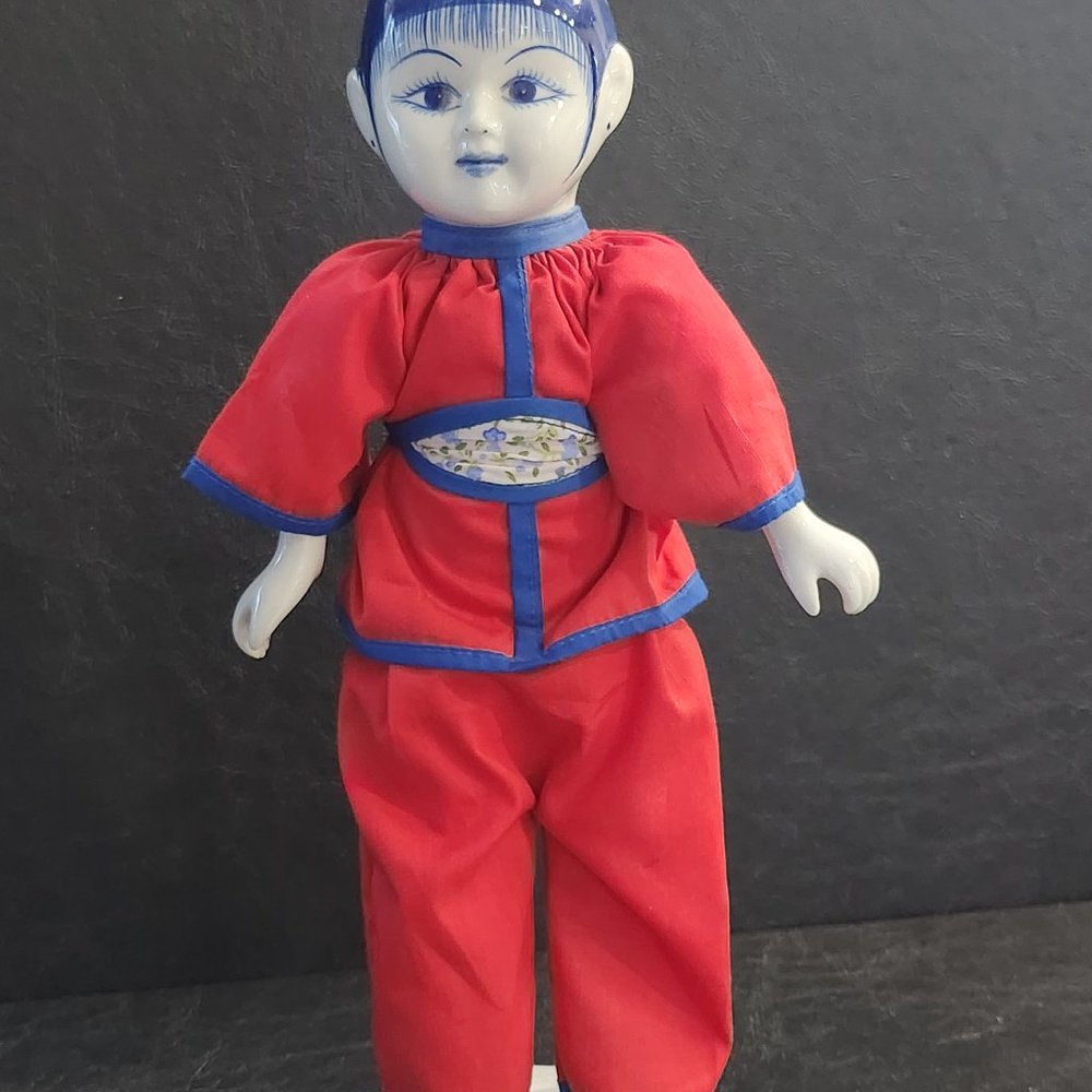 Vintage Asian Decor Blue and White Porcelain Girl Doll Timeless Elegance